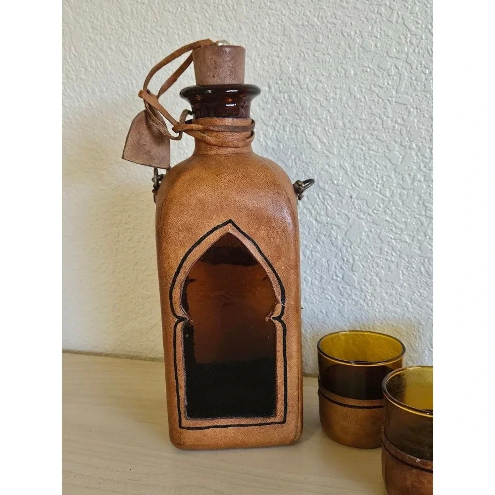 Vintage Leather Wrapped Amber Glass Decanter and 3 Shot Glasses Barware Set